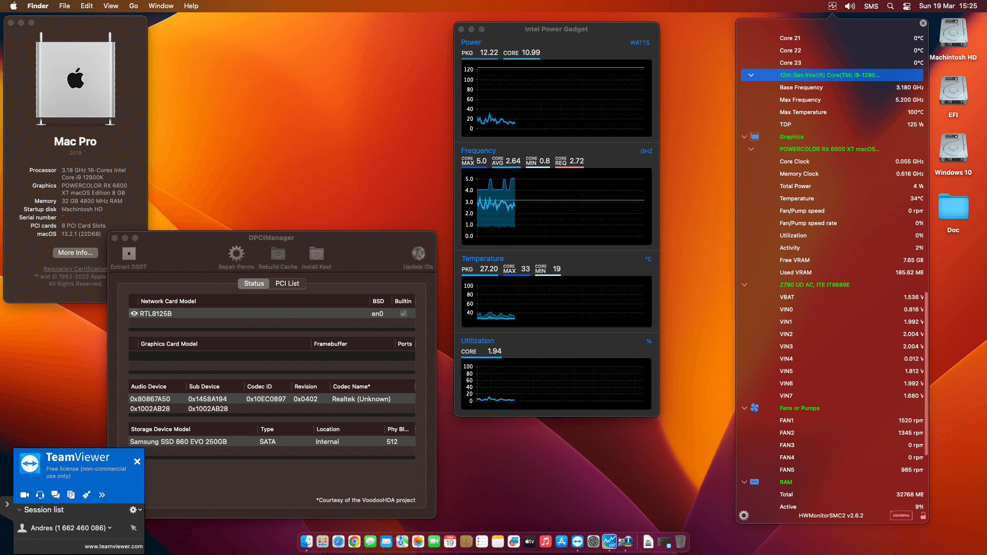 Success Hackintosh macOS Ventura 13.2.1 Build 22D68 in Gigabyte Z790 UD AC + Intel Core i9 12900K + Power Color RX 6600 XT